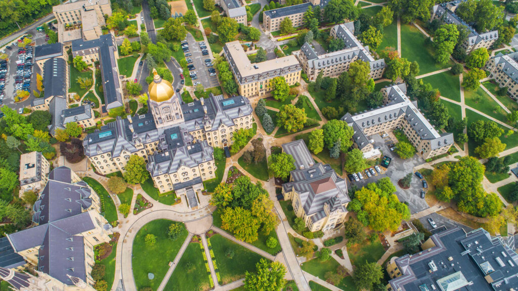 Drone shot of Notre Dame university campus 
